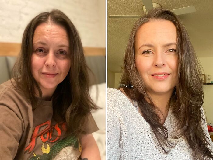 A split image of a woman's face, illustrating her breakup transformations and the peace she found.