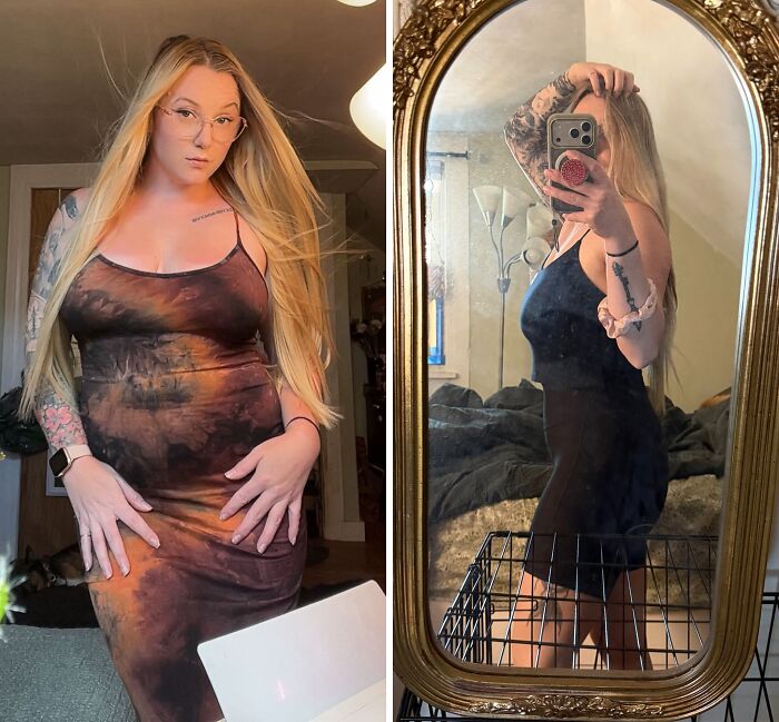 A woman shows her breakup transformation, posing in a tight dress before and after, highlighting her peace.