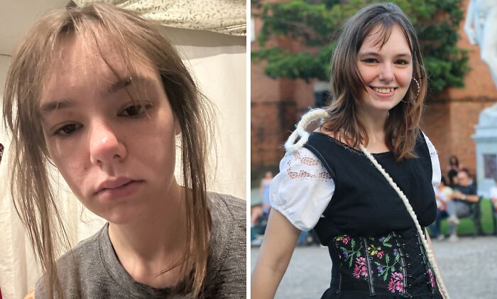 A split image showing a woman's emotional transformation, highlighting breakup transformations and peace.