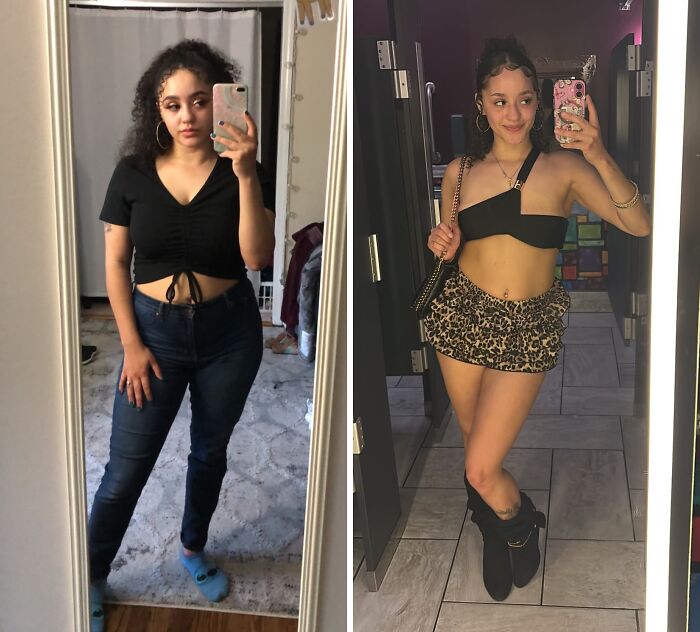 A young woman's breakup transformation, showcasing peace by changing from jeans to a leopard print skirt.