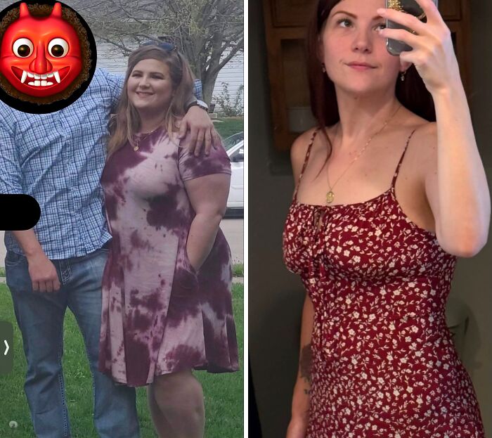 A woman's breakup transformation, from a tie-dye dress to a floral dress, highlighting peace.