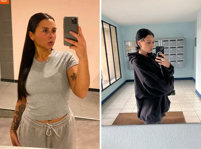 A woman shows her breakup transformation, looking relaxed in a grey t-shirt and then a black hoodie.