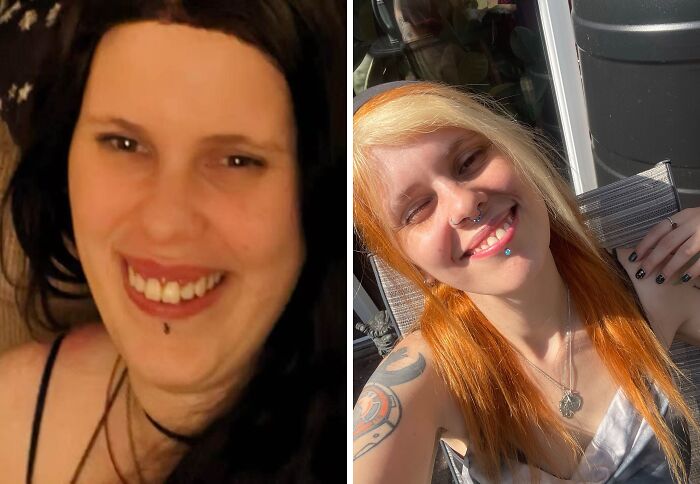 A woman's breakup transformation, before and after, highlighting her journey to a happier, more vibrant appearance.