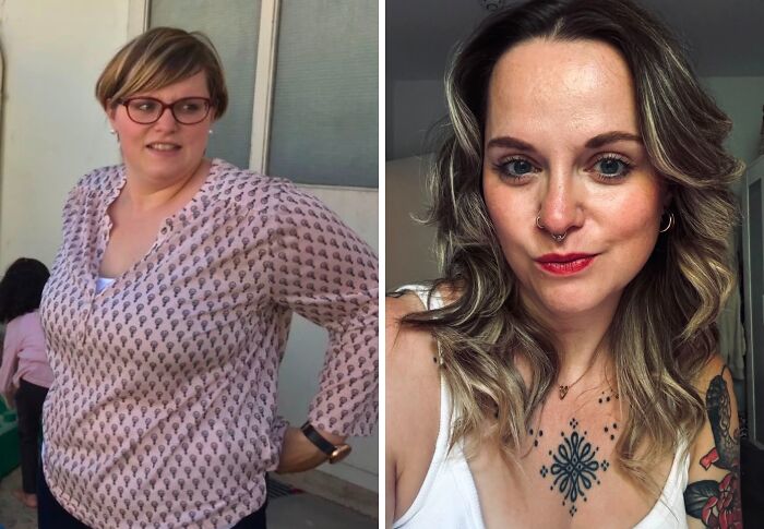 A woman's breakup transformation, from a simple look to a confident and stylish appearance, showcasing her new tattoos.