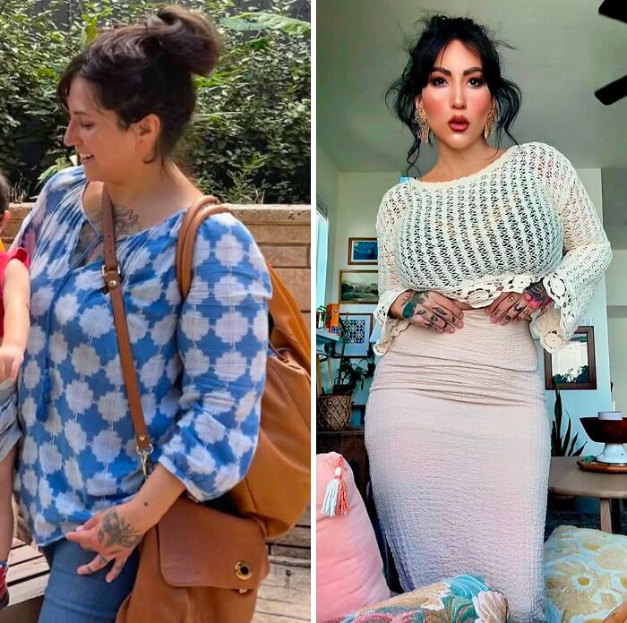 A woman's breakup transformation, before and after, showing her style change from modest to a trendy, confident look.