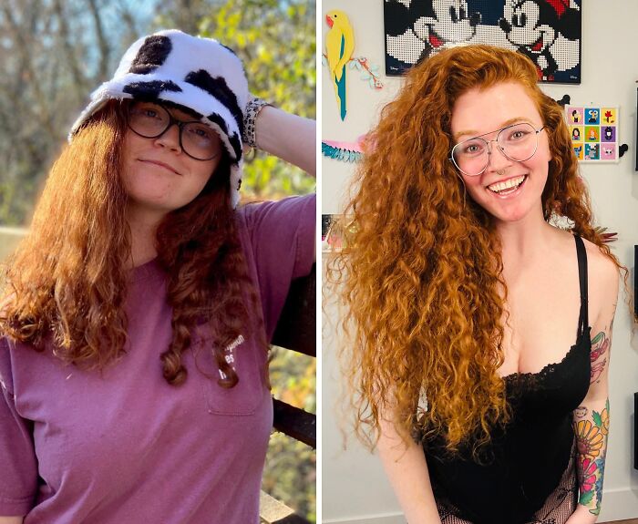 A woman shows her breakup transformation, from a casual look to a confident, smiling woman with long curly hair.