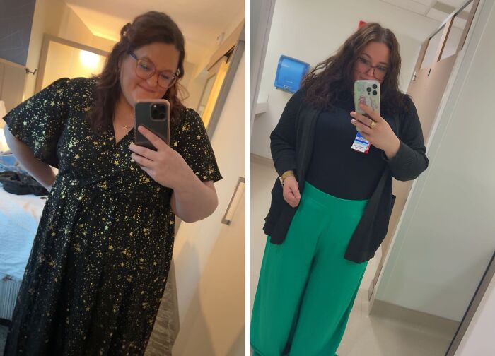 A woman's breakup transformation: before and after, demonstrating a change in appearance and a brighter demeanor.