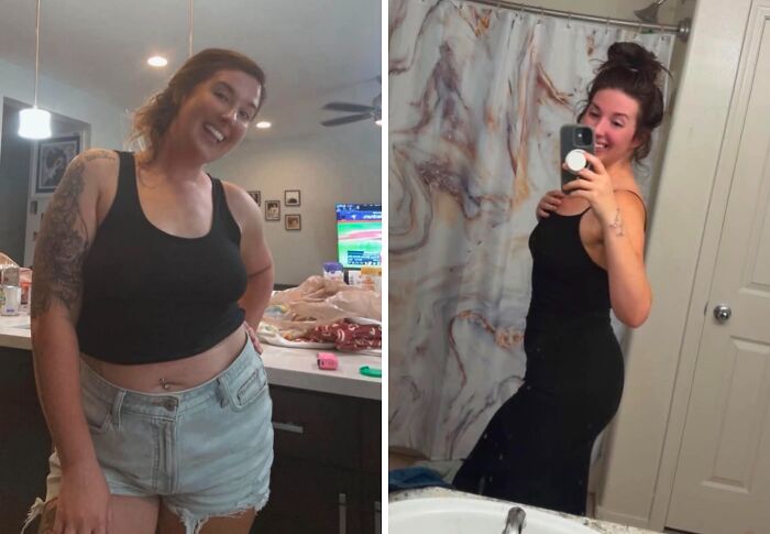 A woman's breakup transformation: before and after, showcasing significant weight loss and a confident pose.