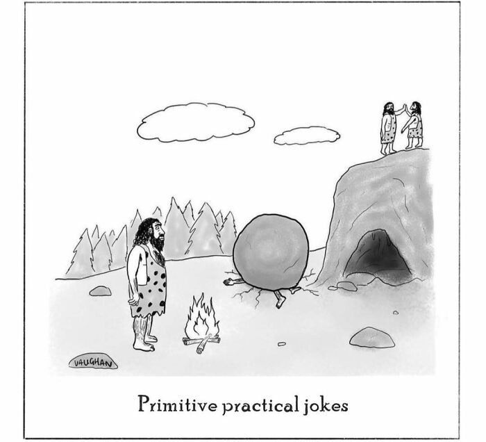 A comic depicting cavemen pulling a primitive practical joke by rolling a boulder on another caveman. Modern cavemen comics.