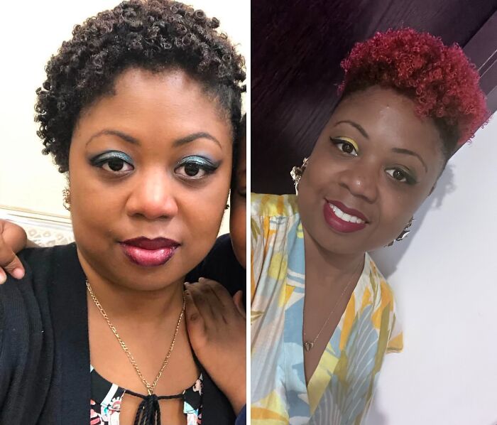 Breakup transformations: A woman's vibrant new look, reflecting inner peace and happiness.