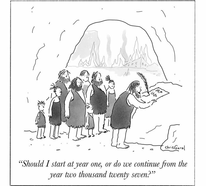 A comic featuring cavemen. A group of cavemen waits in line as one writes on a rock, asking about the year.