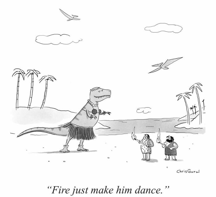A comic featuring two cavemen watching a dinosaur in a hula skirt, with pterodactyls flying above.