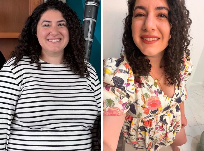 A woman with curly hair smiles brightly in a before-and-after, highlighting her breakup transformation and newfound peace.