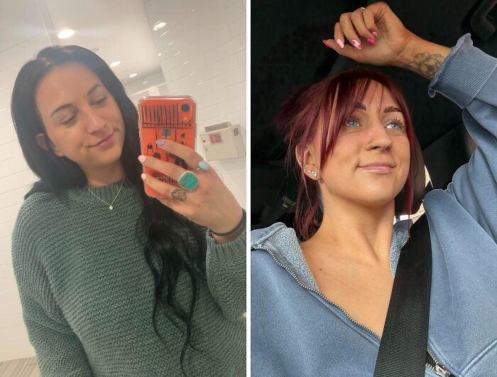 A woman transforms her look, showing a fresh face and new hair color after a breakup, embracing peace and self-love.