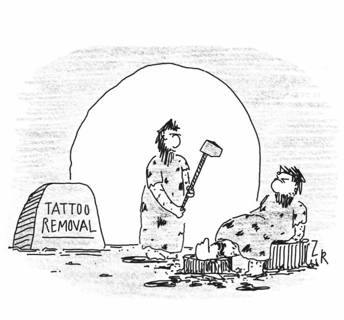 A comic featuring cavemen. One caveman prepares to remove a tattoo with a hammer, next to a 'TATTOO REMOVAL' sign.