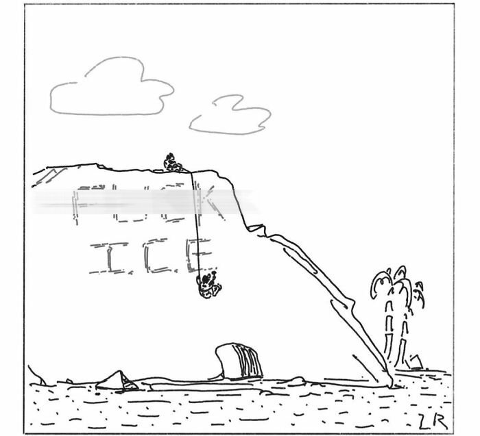 A comic featuring cavemen. One caveman is rappelling down a cliff with the word 'ICE' carved into it.