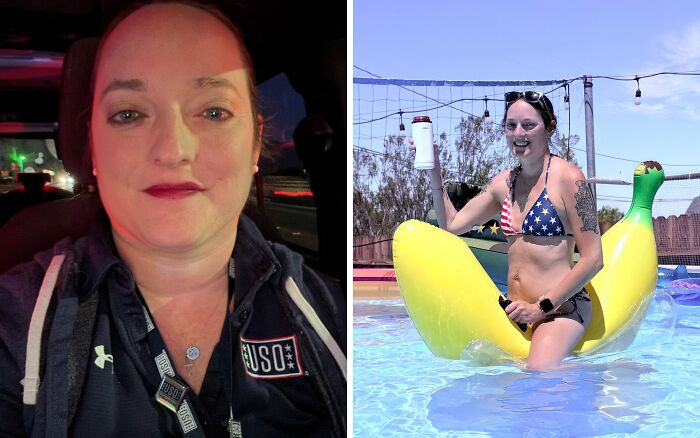 A woman's breakup transformation, transitioning from a serious to a joyful, peaceful state.