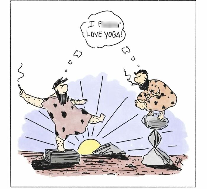 A comic of two cavemen doing yoga poses, with one thinking 'I love yoga!'. Modern cavemen comics.