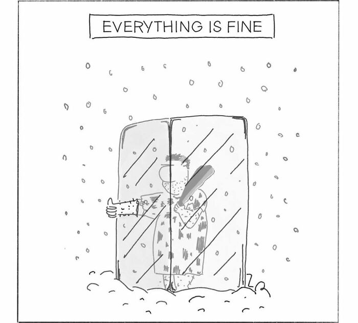 A comic showing a caveman frozen in a block of ice with a baseball bat, with the caption 'Everything Is Fine'. Modern cavemen.
