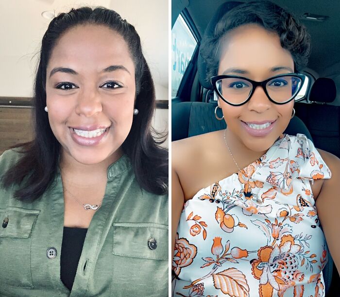 A woman's before and after photos, highlighting breakup transformations and inner peace.
