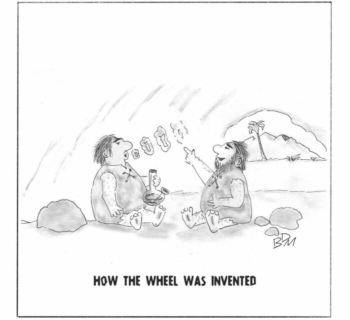 A comic depicting two cavemen inventing the wheel while smoking, blowing smoke rings.