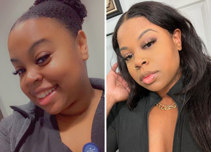 A woman's breakup transformation, showing a happier appearance after gaining peace.