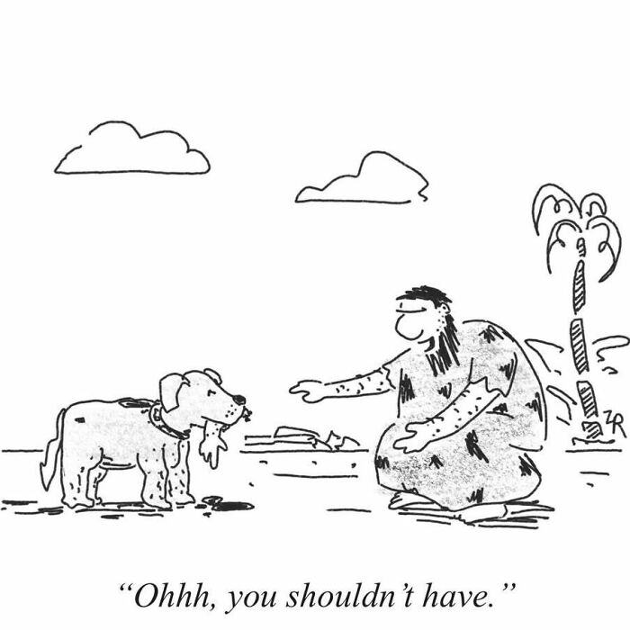 A humorous comic showing a caveman surprised by a dog presenting him with a bone.