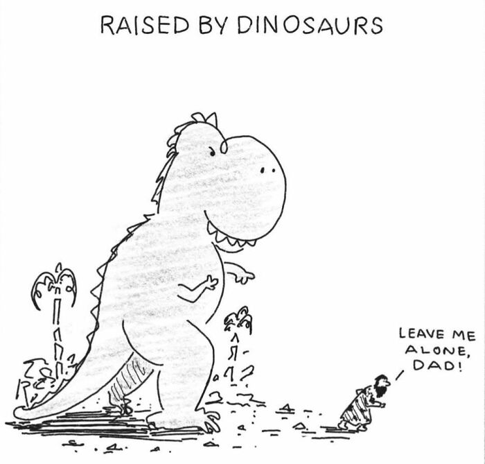 A comic featuring a small caveman telling a large dinosaur to leave him alone.