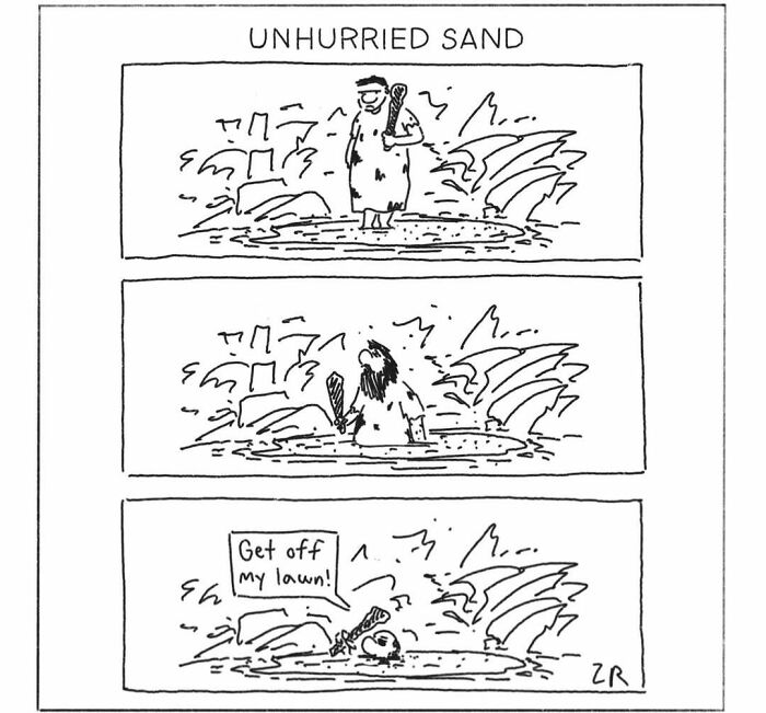 Engaging comics showing a caveman defending his territory from sand, a modern twist on cavemen interactions.