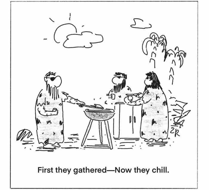 Humorous comics of cavemen grilling outdoors, representing modern cavemen leisure activities.