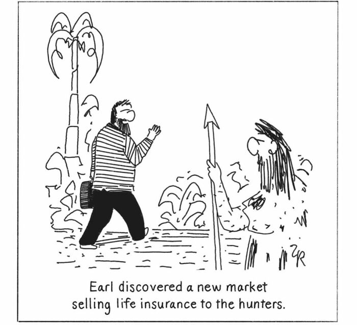 Comics illustration of a caveman selling life insurance to fellow hunters, showcasing modern cavemen business ideas.