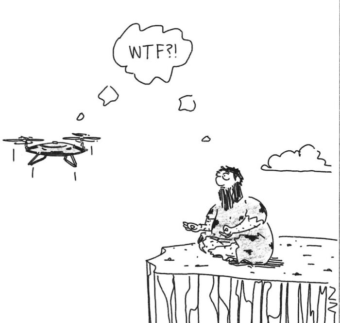 Amusing comics depict a bewildered caveman encountering a drone, a modern element in the cavemen world.