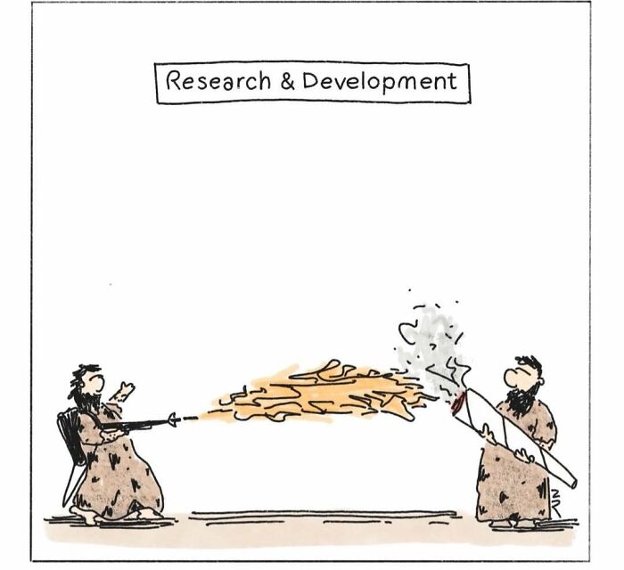 Funny comics show a caveman using a flamethrower against a giant joint, highlighting modern cavemen antics.