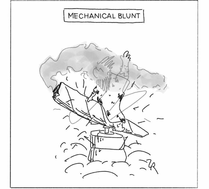 Cavemen comics with a caveman sitting on a device labeled MECHANICAL BLUNT, with smoke around him.