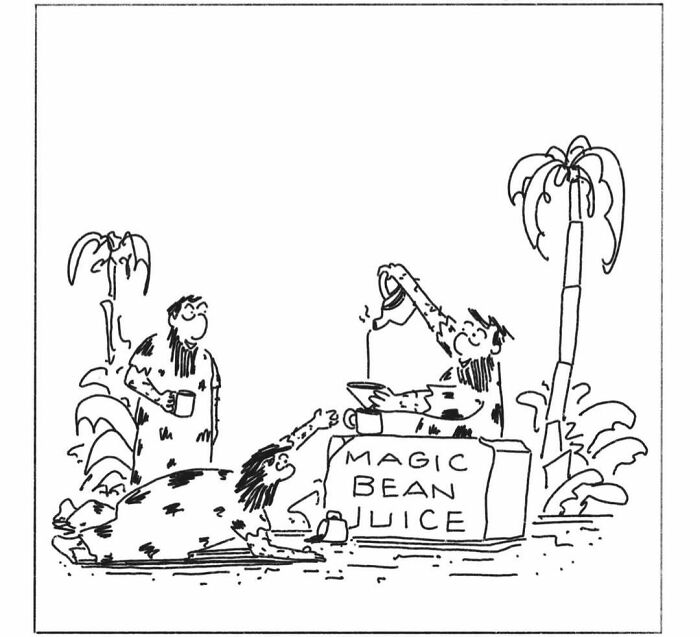 Cavemen comics depicting a caveman selling Magic Bean Juice to two other thirsty cavemen.