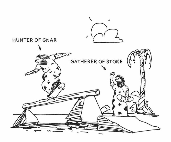 A comic of a caveman skateboarding on a ramp with another cheering, a modern comic by this artist.
