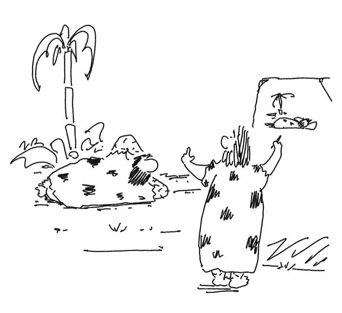 A comic of a caveman presenting a small, cooked fish to a cavewoman, a modern comic by this artist.