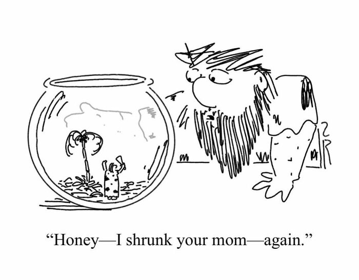 A comic of a caveman looking into a fishbowl at a tiny cavewoman, a modern comic by this artist.