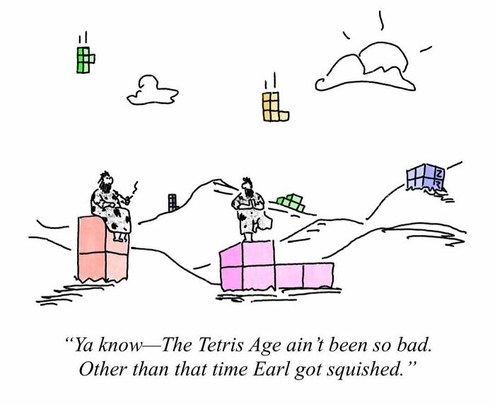A comic of cavemen playing Tetris, discussing the modern age.