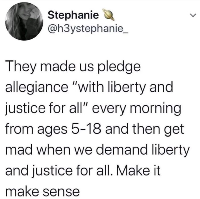 A tweet by Stephanie about pledging allegiance and demanding liberty and justice for all, highlighting social commentary through Roses Are Red memes.