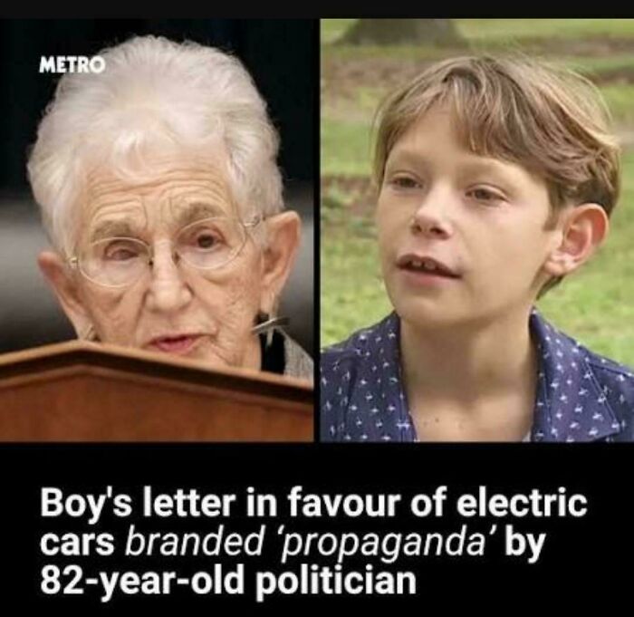 A split image meme shows an elderly woman and a young boy, with text about a boy's letter for electric cars branded propaganda by a politician, exemplifying Roses Are Red memes.
