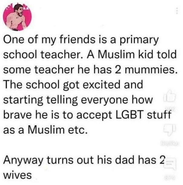 A Roses Are Red meme featuring a story about a primary school teacher and a Muslim child with two mummies.