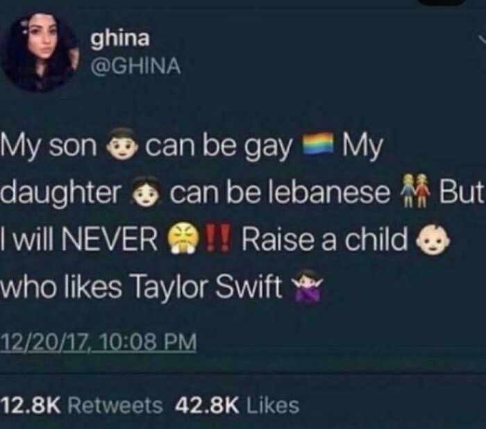 A Roses Are Red meme showing a tweet about raising children, mentioning Taylor Swift.