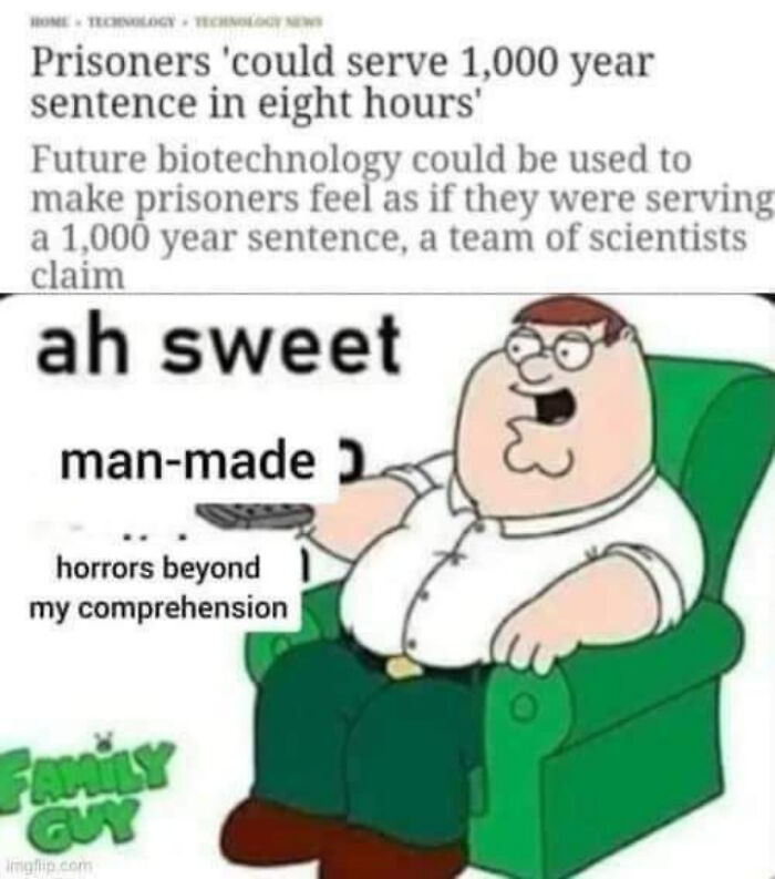A Roses Are Red meme with Peter Griffin reacting to an article about biotechnology and prisoner sentences.