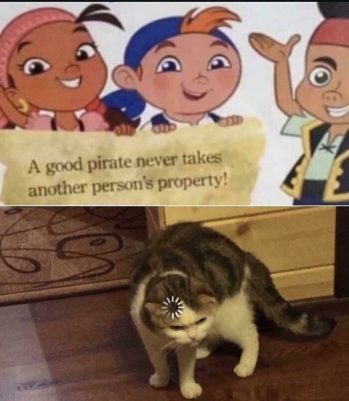 A Roses Are Red meme contrasting cartoon pirates with a loading-screen cat.