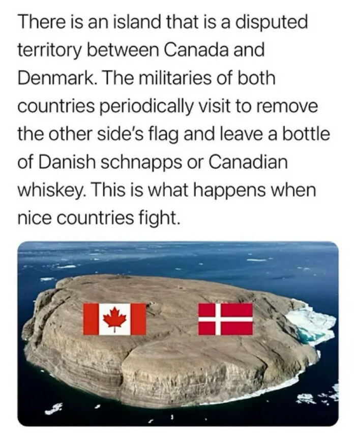 A meme describing a disputed island between Canada and Denmark, showing flags of both countries on an aerial view of an island.