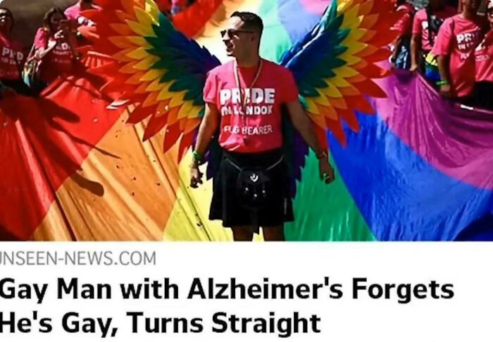 A news headline meme about a gay man with Alzheimers forgetting he is gay, paired with a Roses Are Red rhyme.