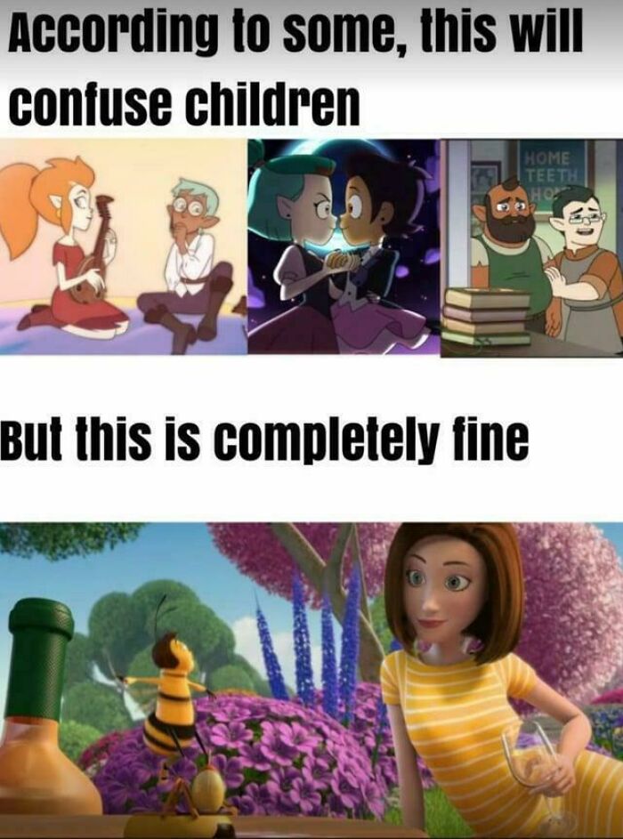 A meme comparing animated same-s*x couples that supposedly confuse children with a scene from the Bee Movie deemed acceptable.