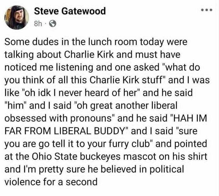A text post with a Roses Are Red rhyme meme about a conversation regarding Charlie Kirk and political comments.