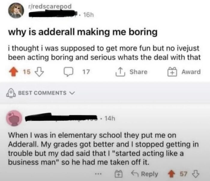 A Reddit post with a Roses Are Red rhyme meme about Adderall making someone boring and comments.